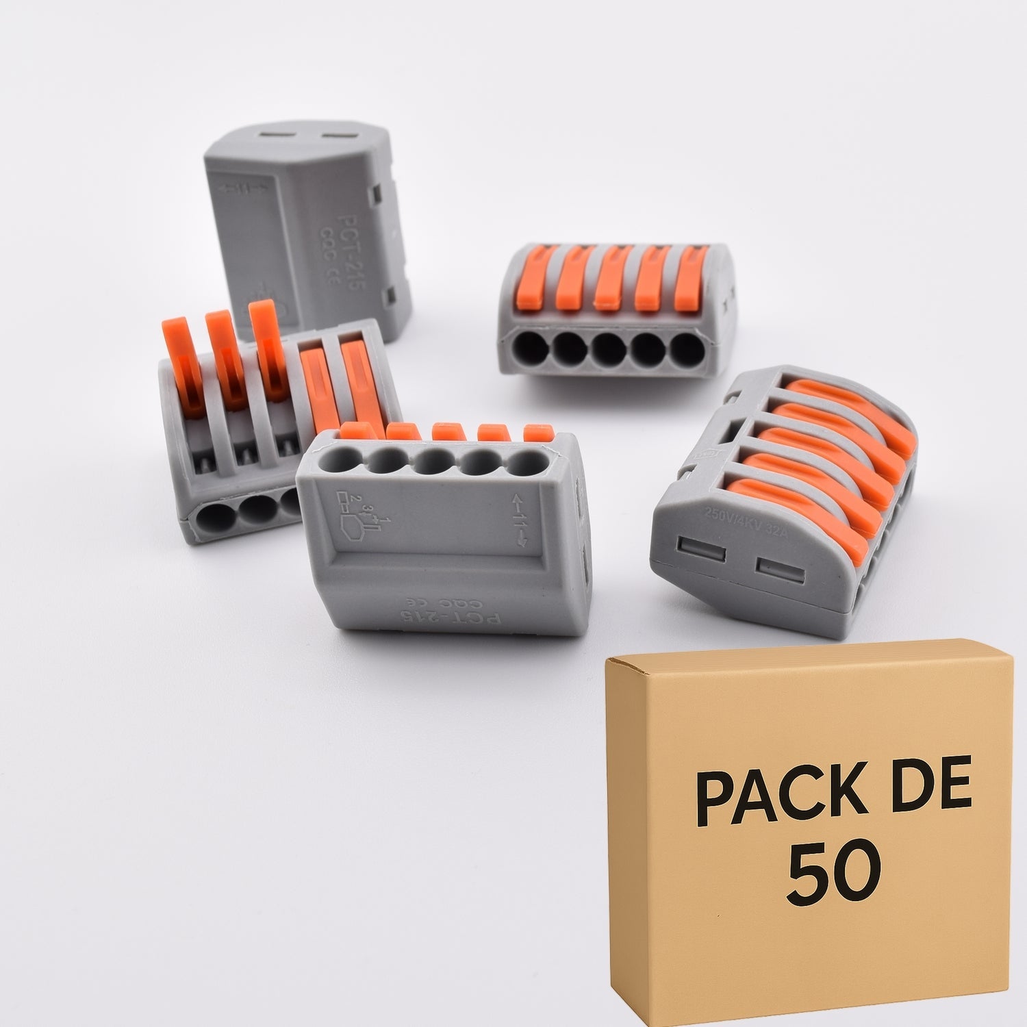 Pack de 50 bornes à levier PCT-215 – 5 contacts, usage similaire à WAGO 222-415