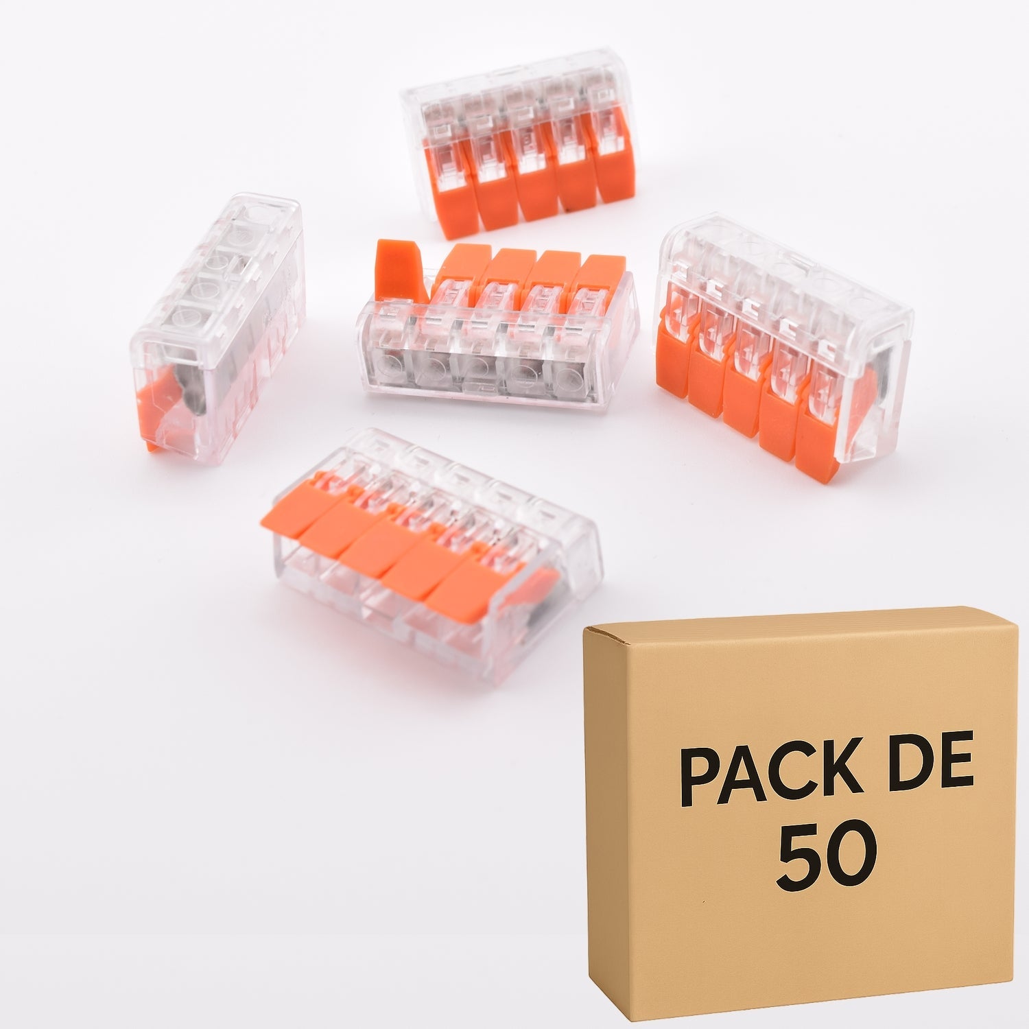 Pack 50 bornes PCT-415 – connecteurs transparents à levier – 5 contacts – alternative WAGO 221-415