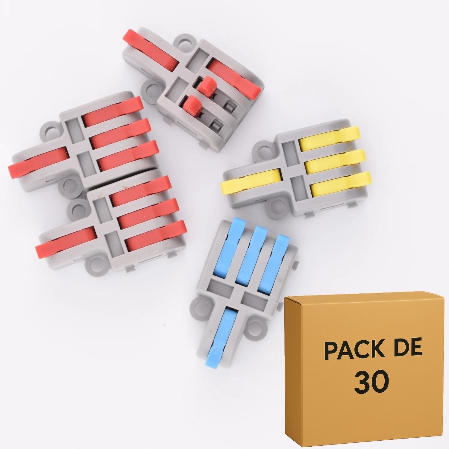 Lot de 30 bornes à levier -rouge-jaune-bleu- 4 contacts 32A - 1 entrée / 3 sorties