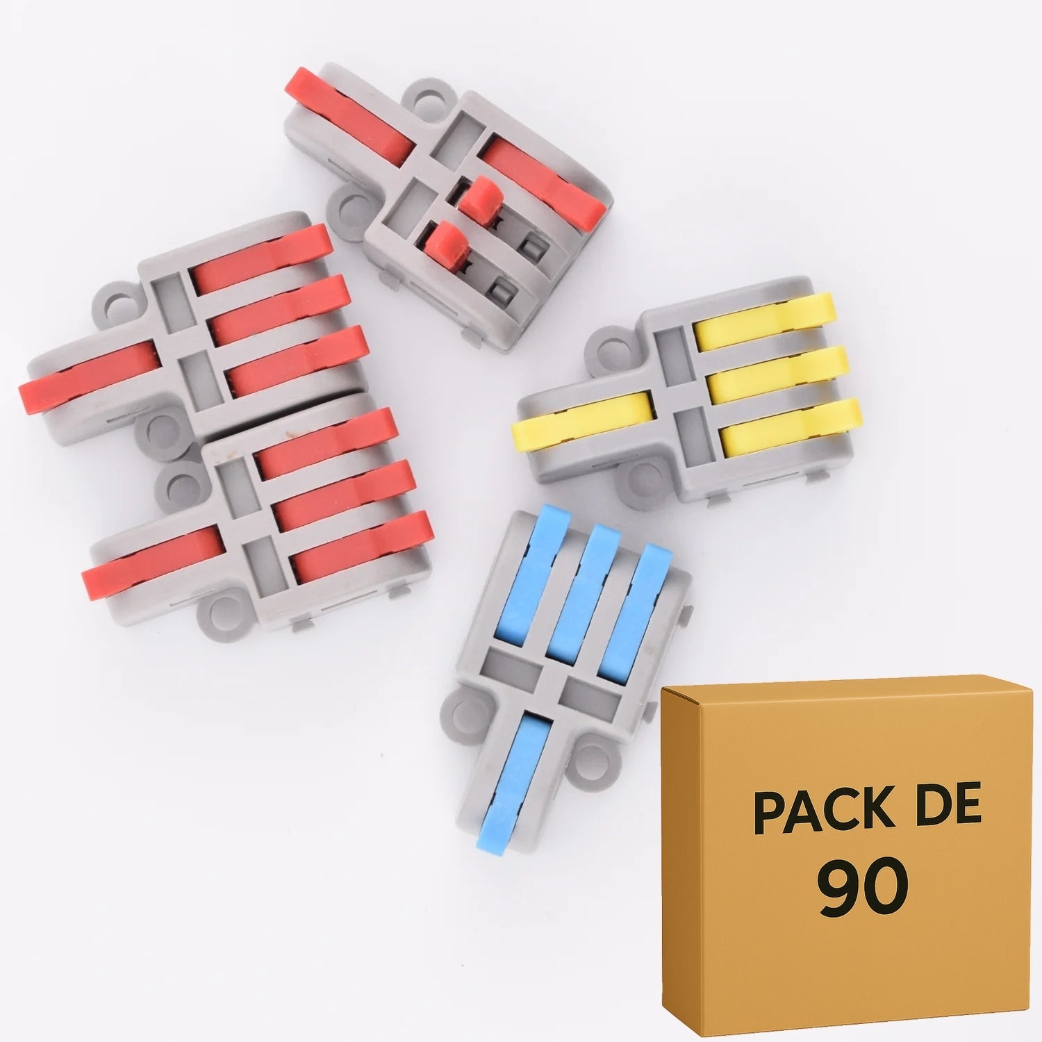 Lot de 90 bornes à levier -rouge-jaune-bleu- 4 contacts 32A - 1 entrée / 3 sorties