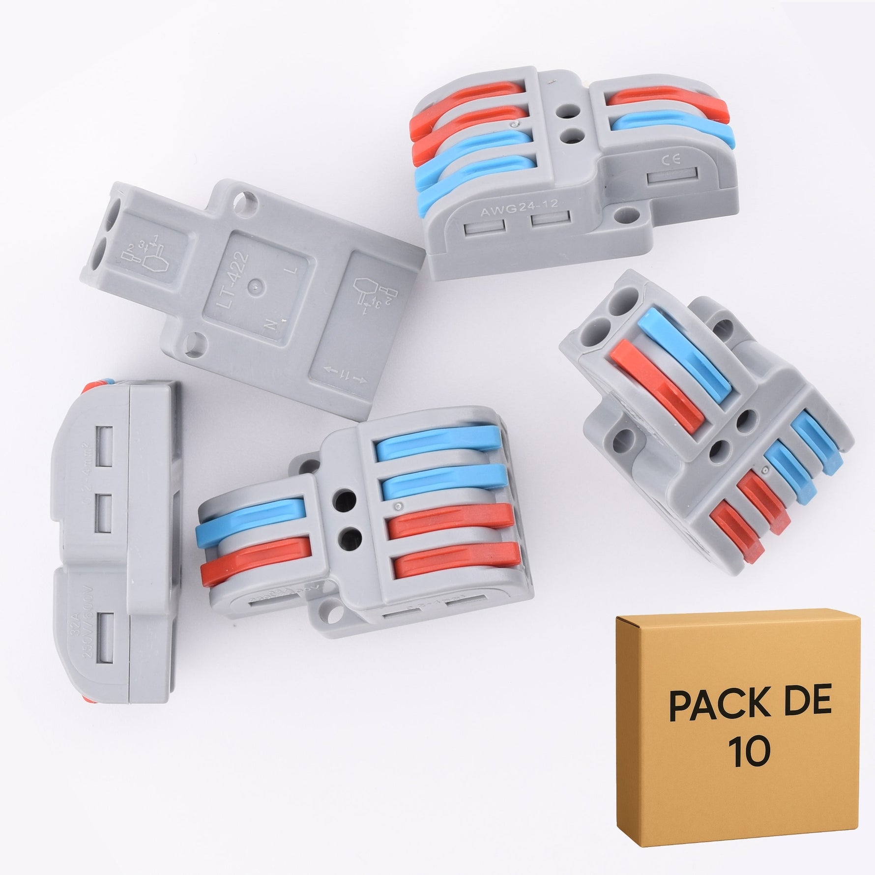 Lot de 10 bornes a levier 6 contacts 32A - 2 entrées /4 sorties -LT422