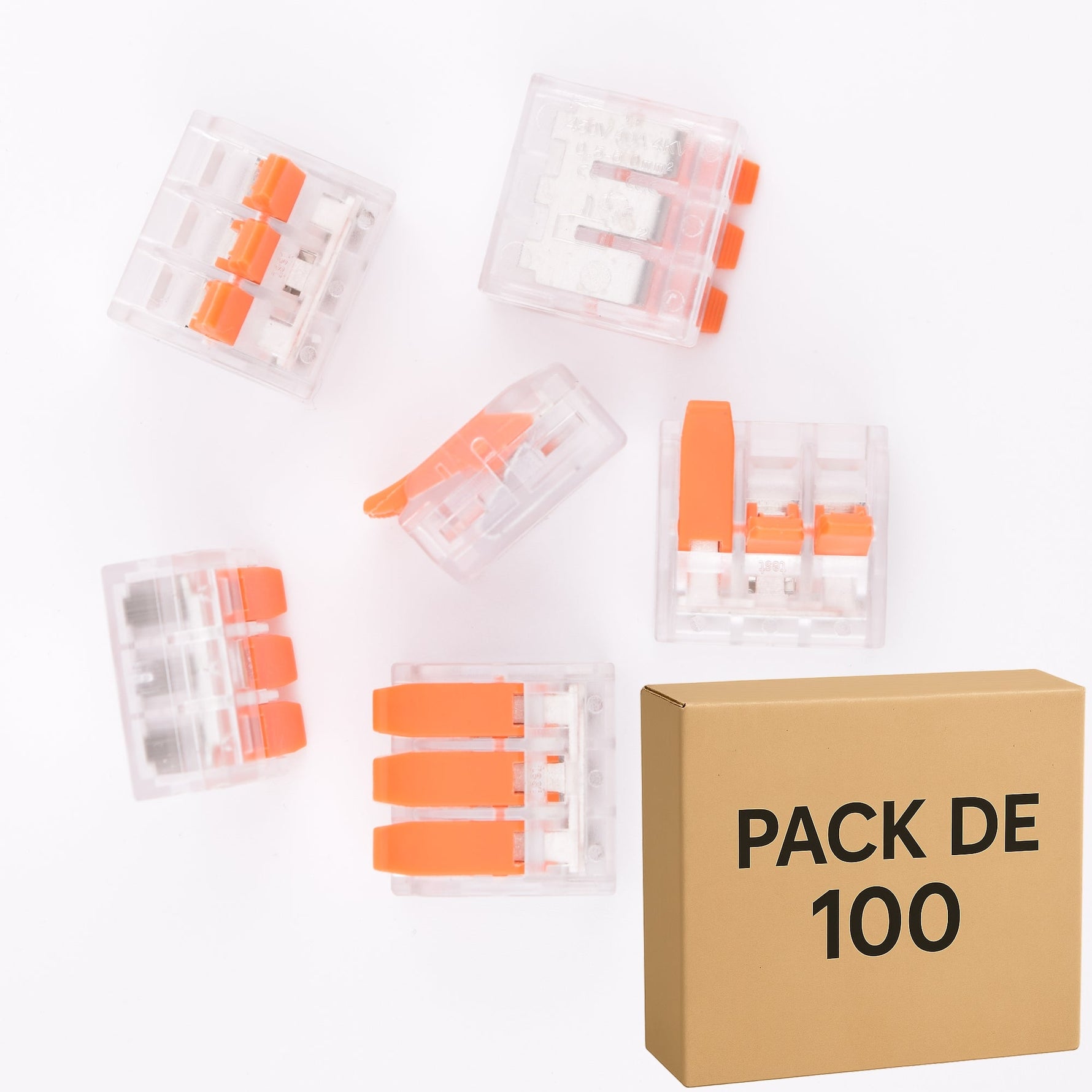 Lot de 100 bornes a levier transparentes 40A 6mm², 3 contacts LT613