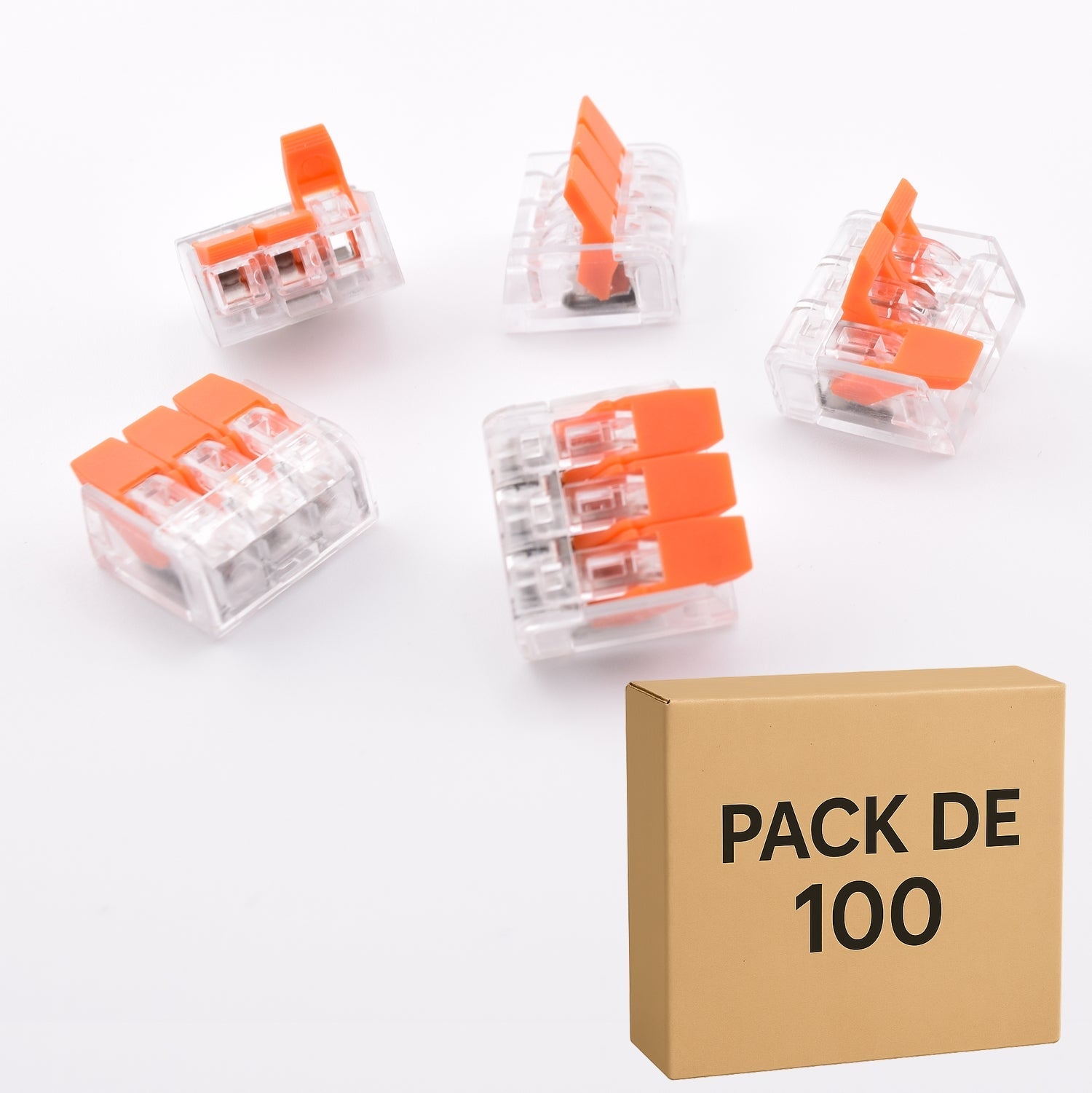 Pack de 100 bornes PCT-413 à levier 3 contacts 32A, usage similaire à la Wago 221-413
