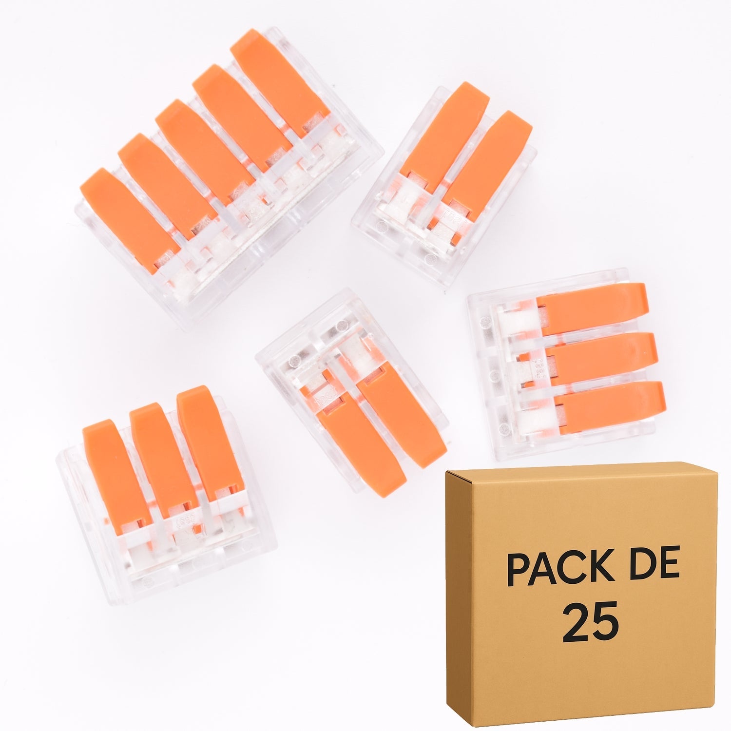 Lot de 25 bornes à leviers transparentes- 2-3-5 contacts 40A 6mm² LT-612-613-615