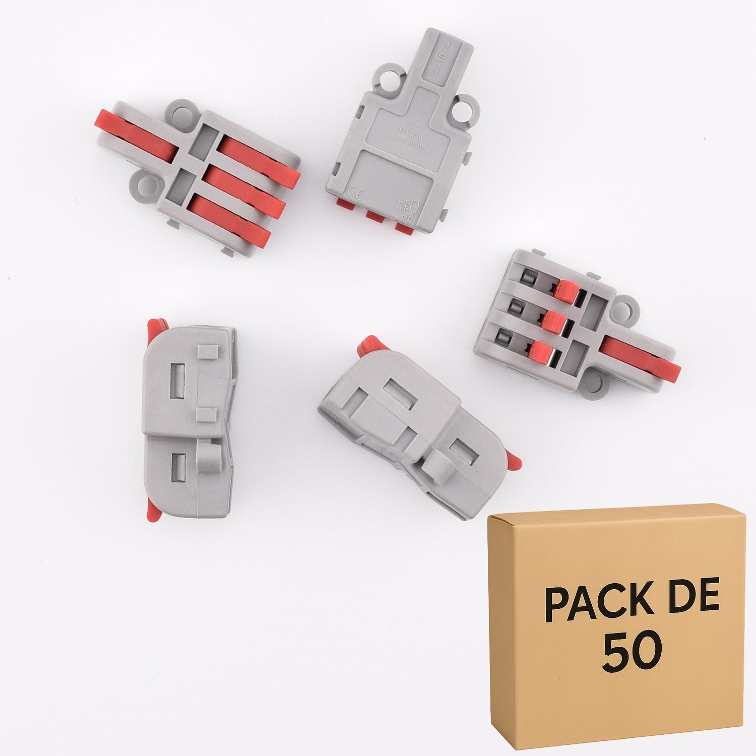 Lot de 50 bornes à levier rouge, 4 contacts 32A - 1 entrée / 3 sorties - LT-13-R