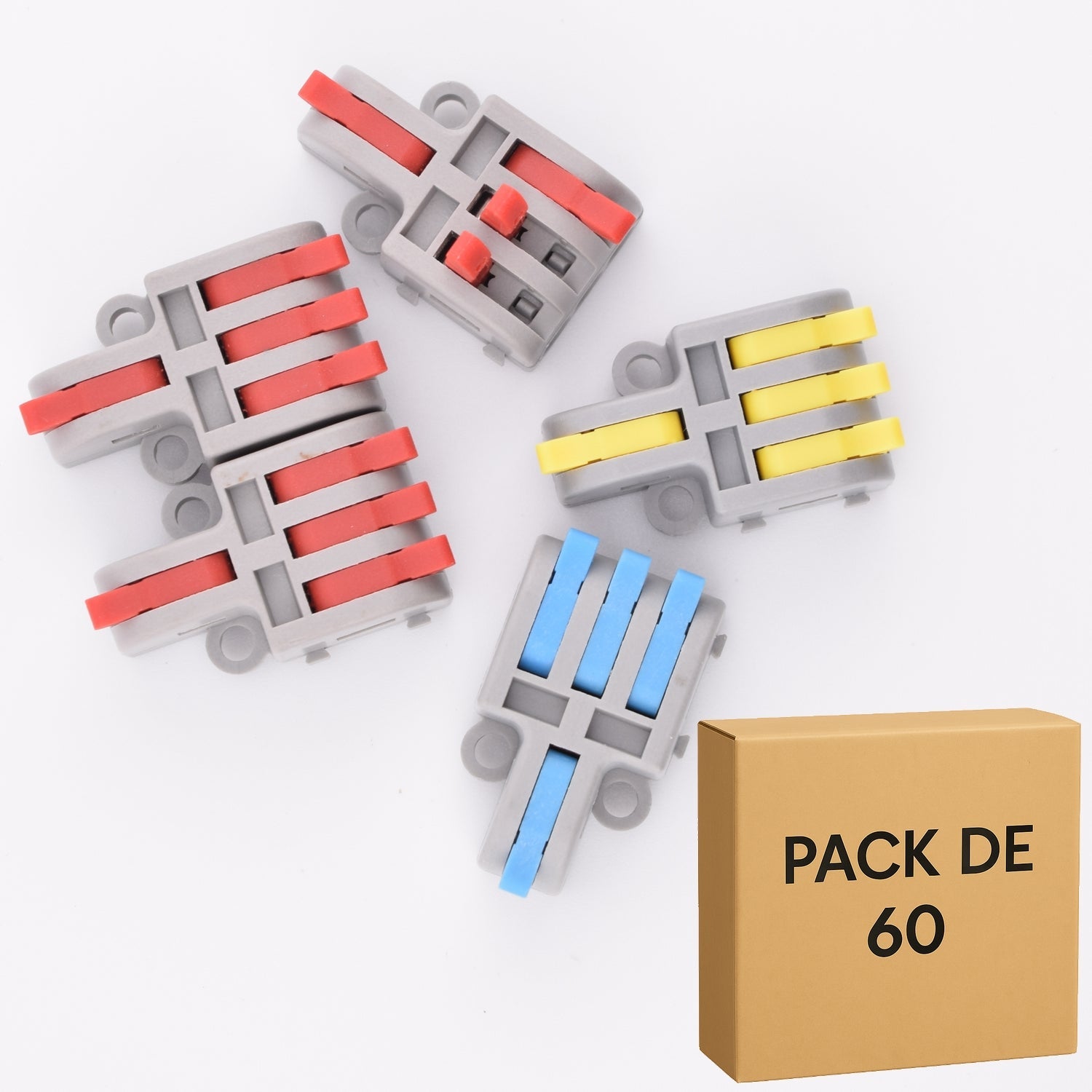 Lot de 60 bornes à levier rouge-jaune-bleu , 4 contacts 32A - 1 entrée / 3 sorties - LT-13