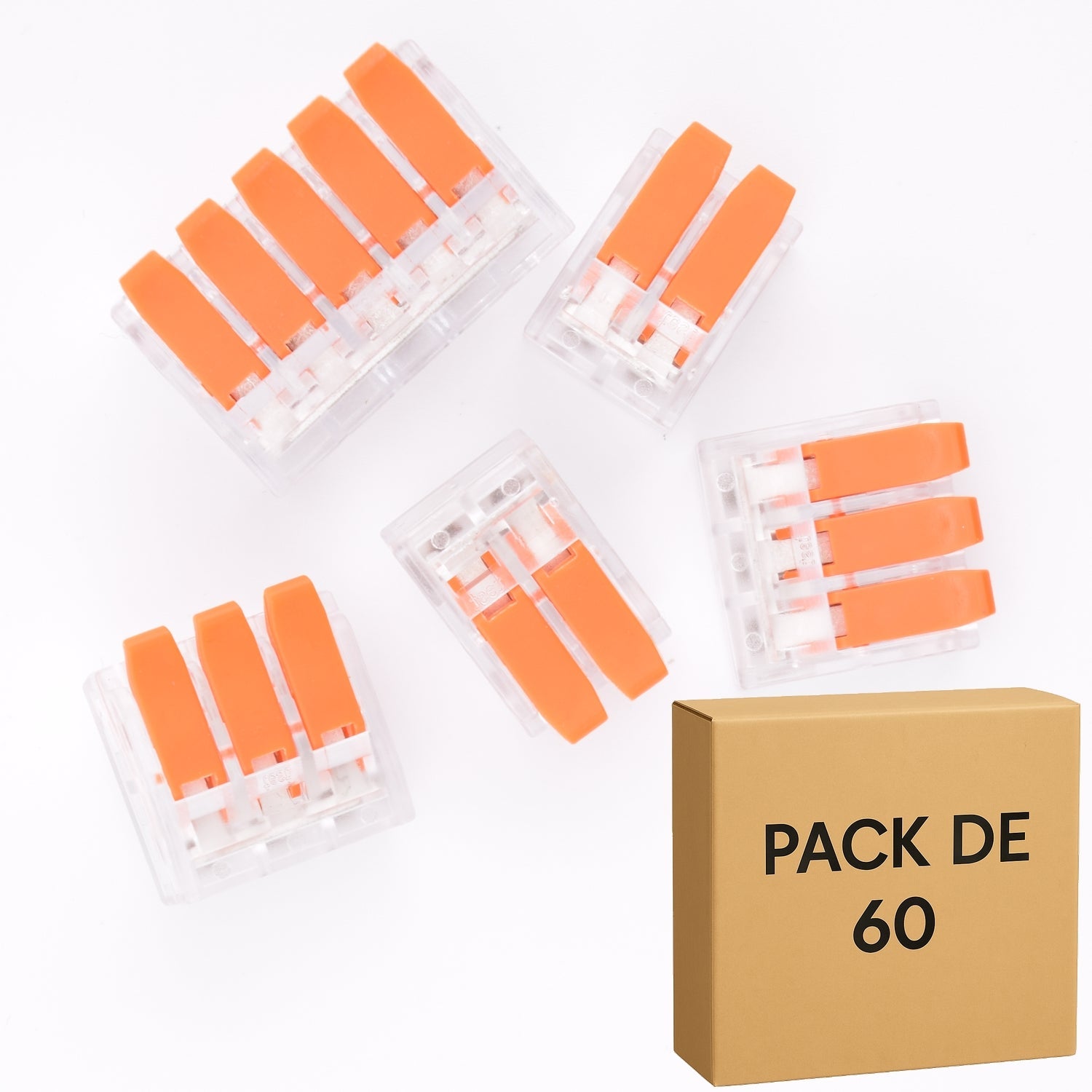 Lot de 60 bornes à leviers transparentes- 2-3-5 contacts 40A 6mm² LT-612-613-615