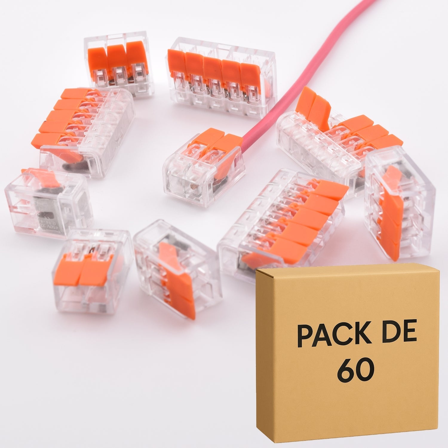 Pack 60 bornes à levier transparentes PCT – 2, 3 et 5 contacts – alternative WAGO 221