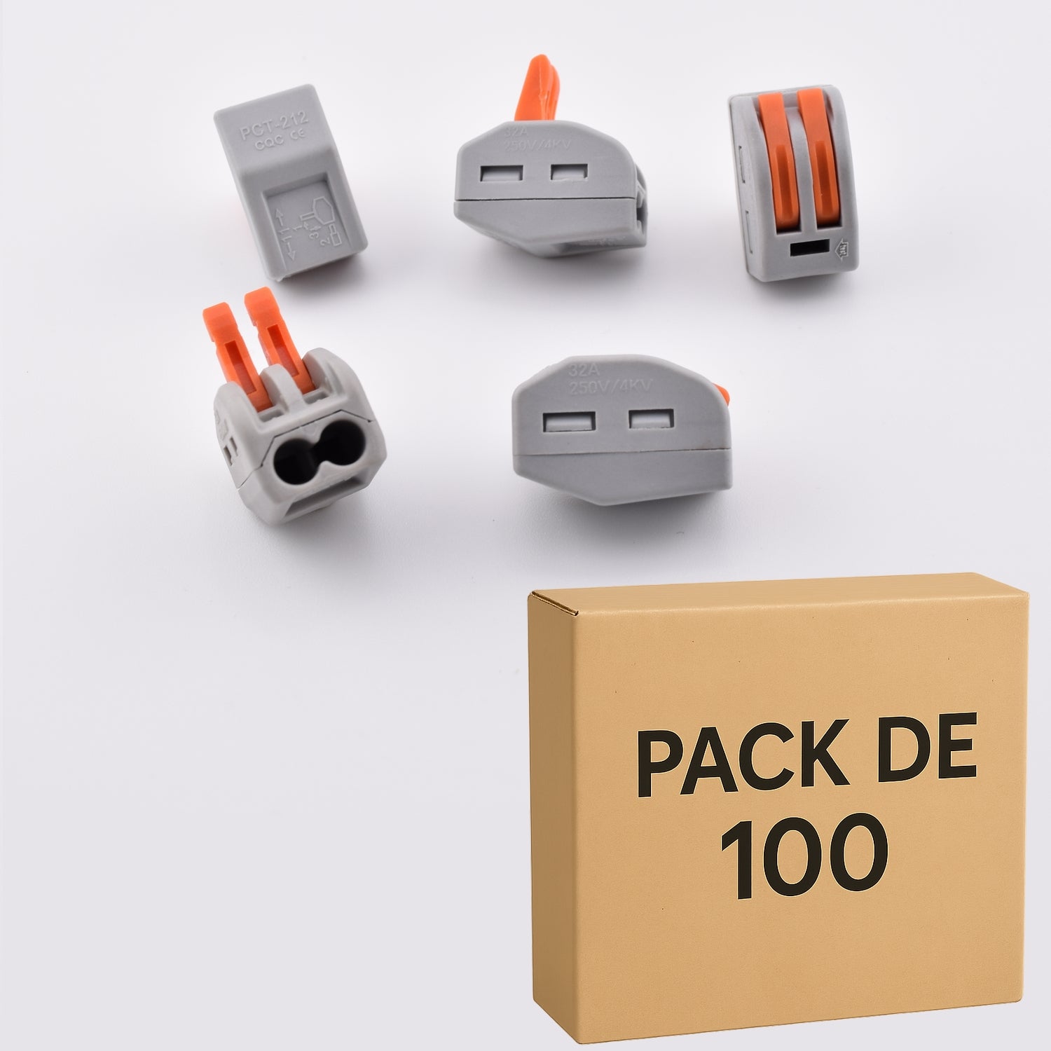 Pack de 100 bornes à levier 2 contacts 32A PCT-212