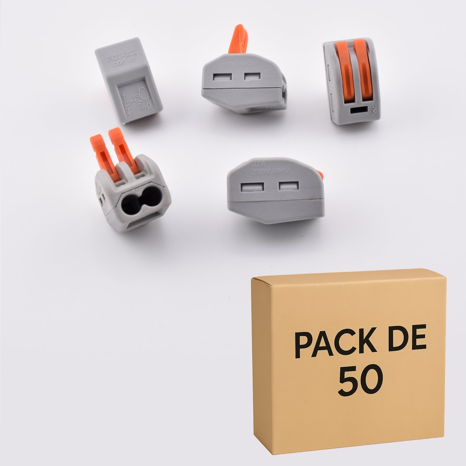 Pack de 50 bornes à levier 2 contacts 32A PCT-212
