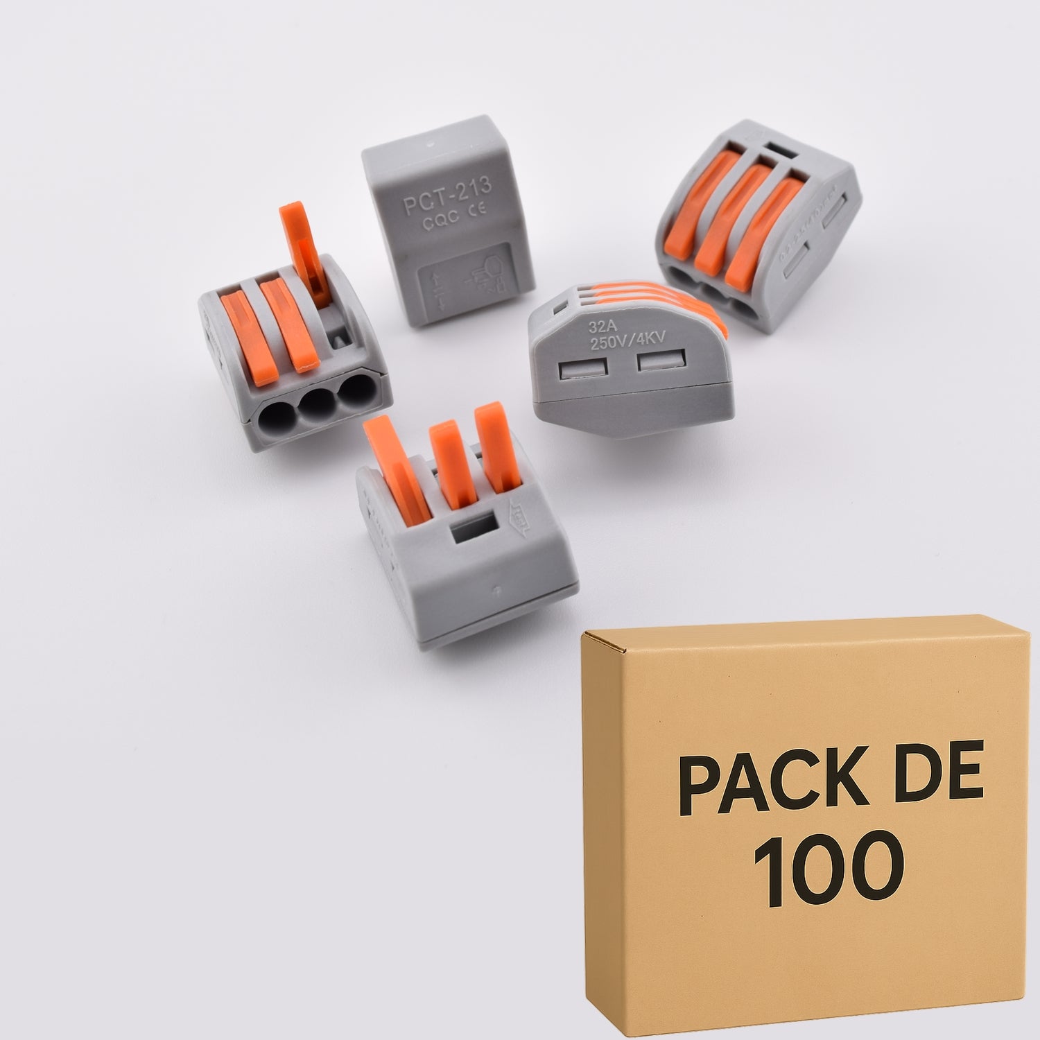 Pack 100 bornes à levier PCT-213 comparable à Wago 222-413, 3 entrées, 32A