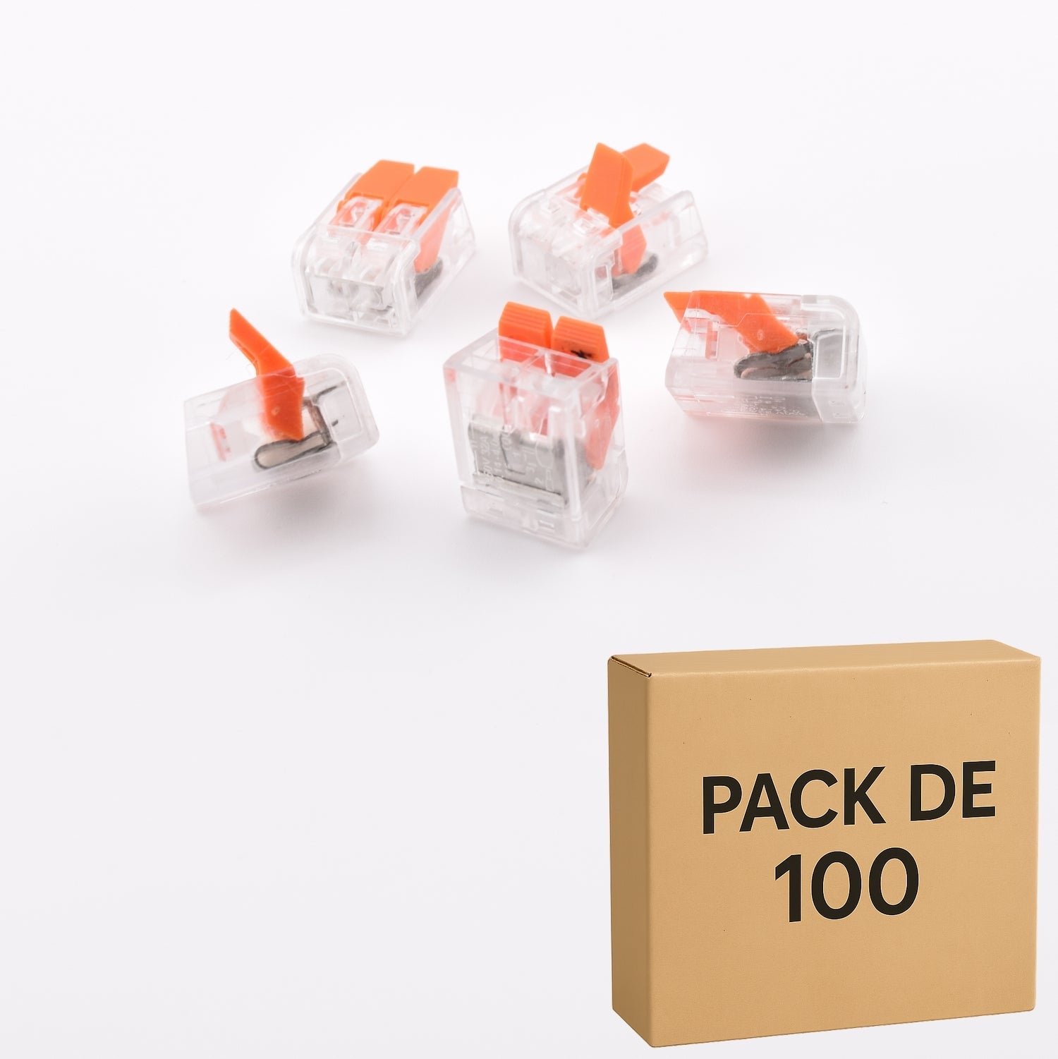 "Pack 100 bornes PCT-412 transparentes – 2 contacts – alternative WAGO 221-412"