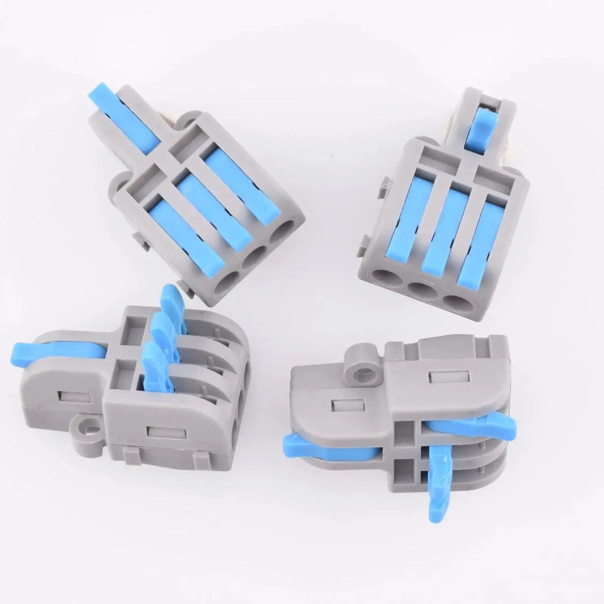differentes vue du connecteur à levier 1 entree/3sorties LT-13 bleu