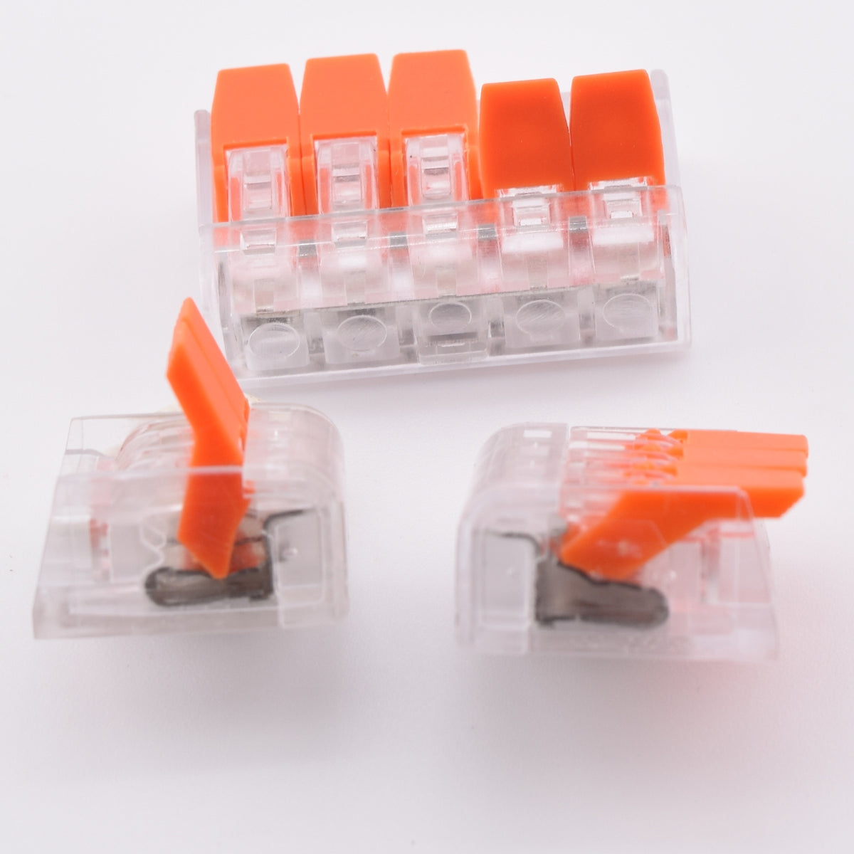 Vue des contacts internes – bornes PCT transparentes – 2, 3 et 5 pôles – type WAGO 221