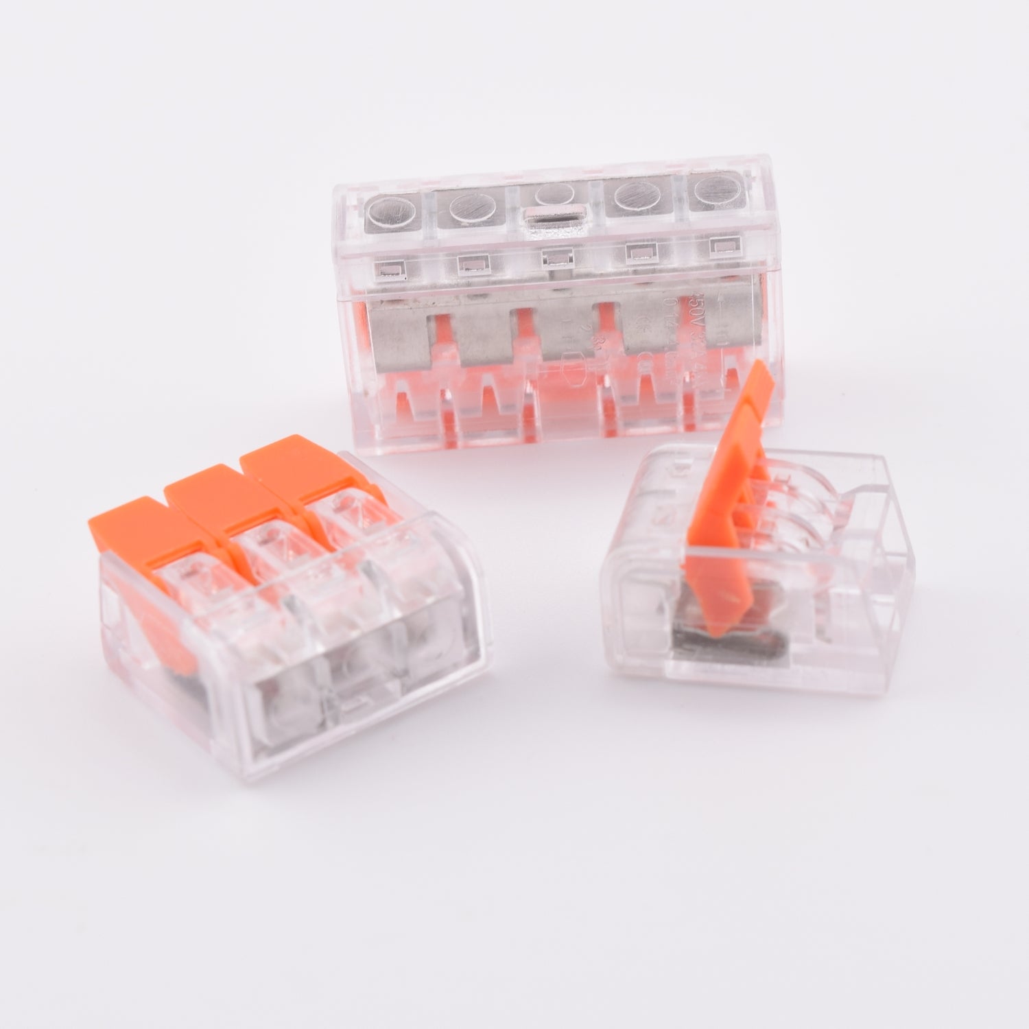 Bornes à levier type WAGO 221 – pack mixte 2, 3 et 5 pôles – PCT transparentes, plusieurs vues