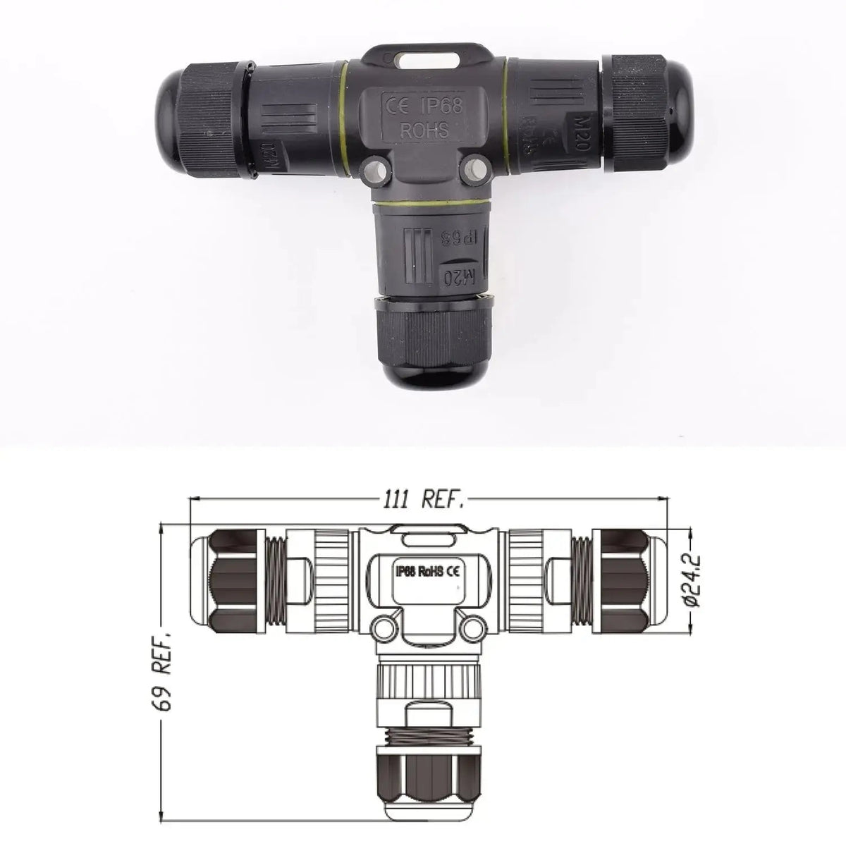 Cotes du Connecteur étanche IP68 en T, leviers intégrés - 3 circuits 16A - modèle P20-T