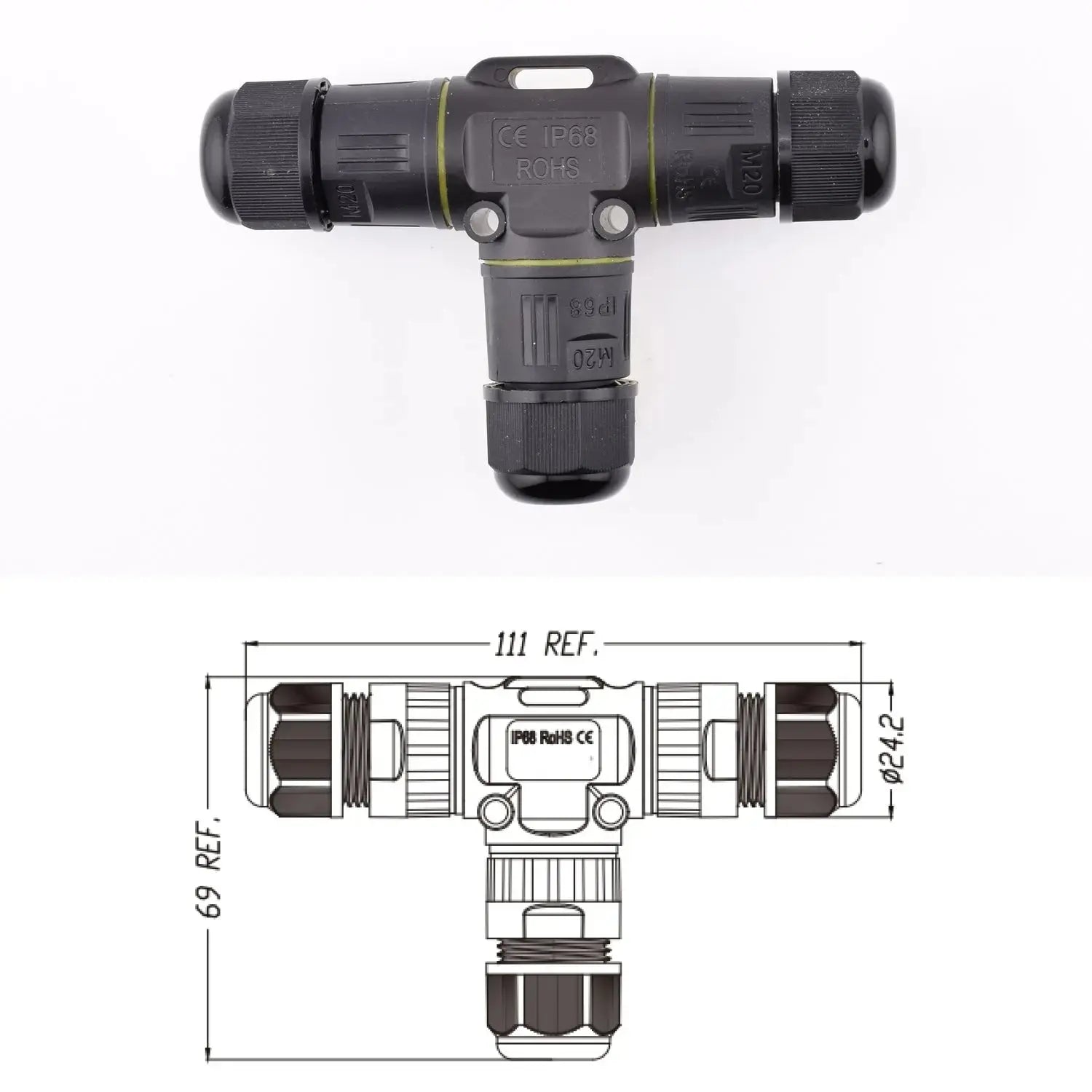 Cotes du Connecteur étanche IP68 en T, leviers intégrés - 3 circuits 16A - modèle P20-T
