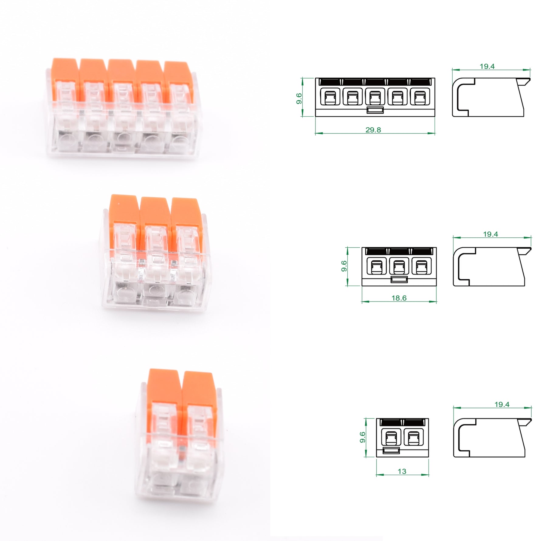Schéma technique des connecteurs PCT – boîtier transparent – alternative WAGO série 221