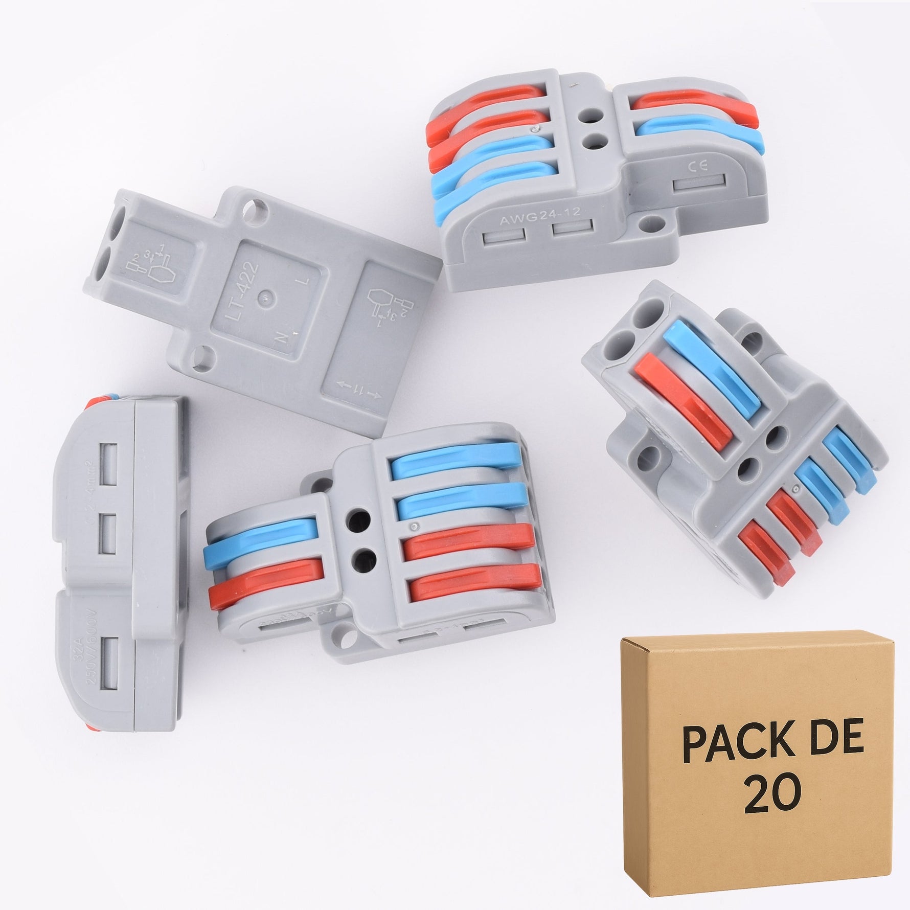Lot de 20 bornes a levier 6 contacts 32A - 2 entrées /4 sorties -LT422