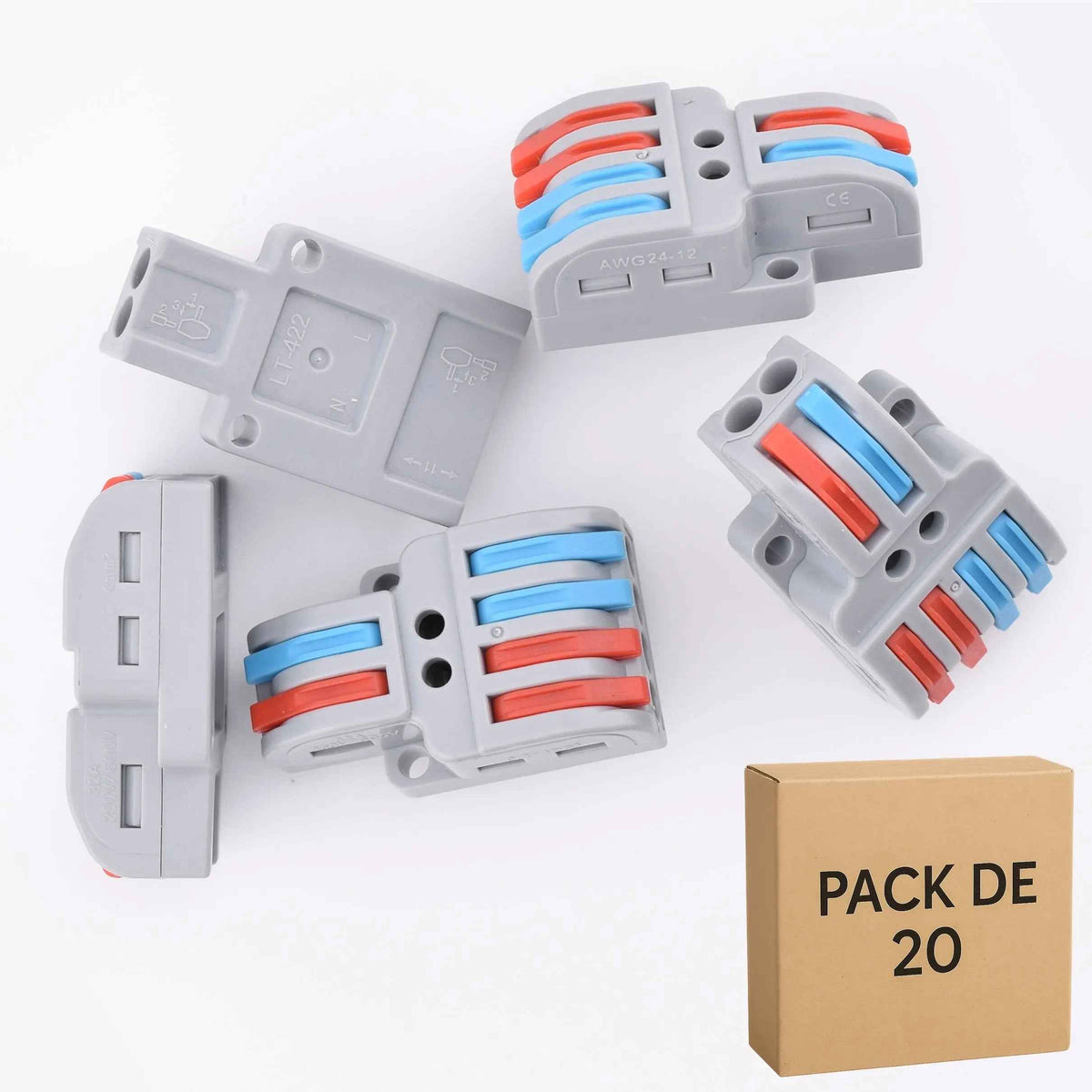 Lot de 20 bornes de connexion à levier LT-422 – domino automatique 2 entrées / 4 sorties – ELENCO