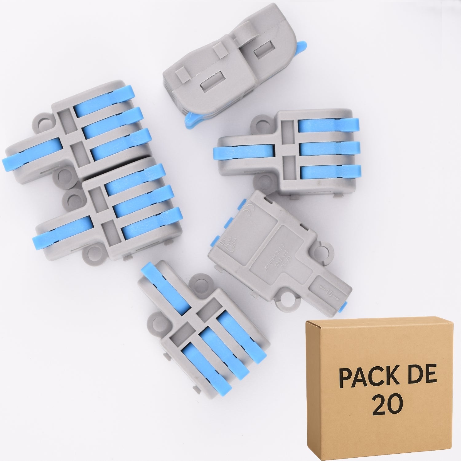 Lot de 20 bornes à leviers bleu 4 contacts 32A - 1 entrée / 3 sorties LT-13-B