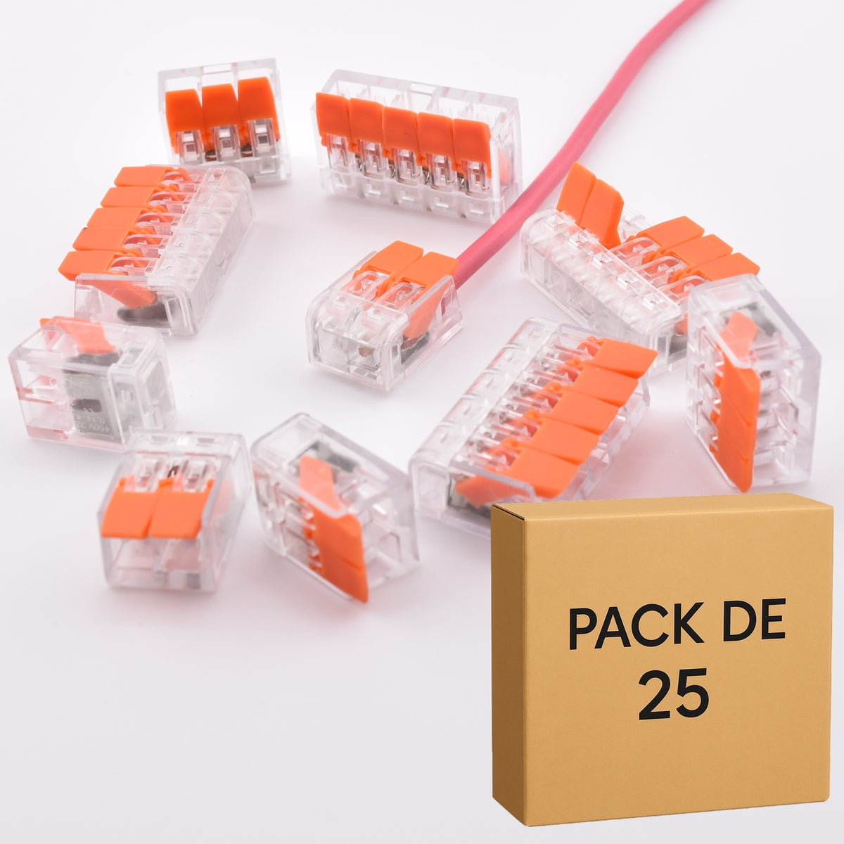 Pack 25 bornes transparentes PCT – 2, 3 et 5 contacts – alternative WAGO 221-412/413/415