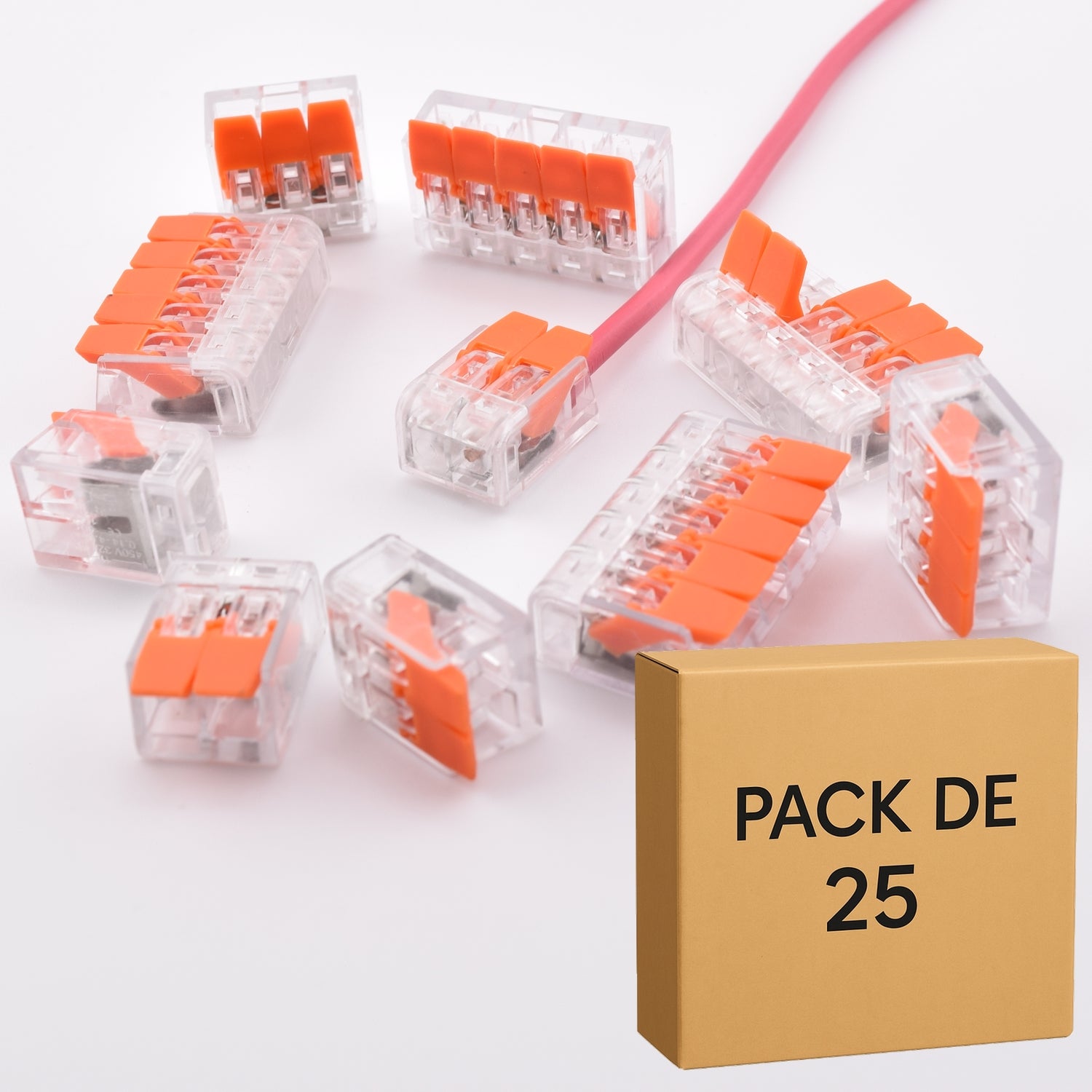 Pack 25 bornes transparentes PCT – 2, 3 et 5 contacts – alternative WAGO 221-412/413/415