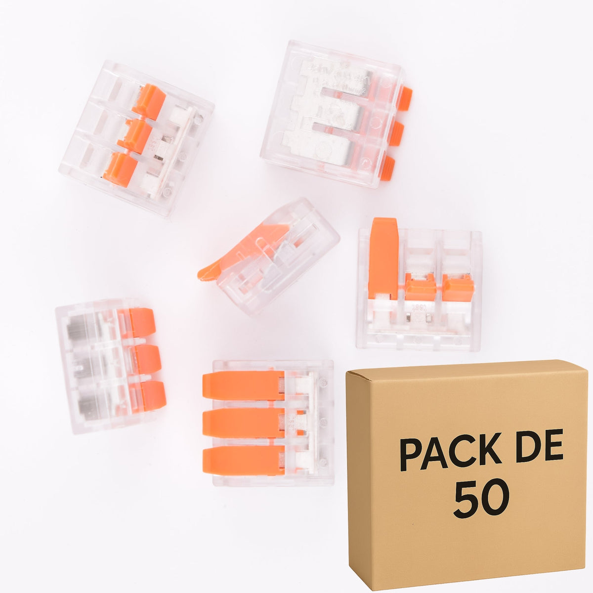 Lot de 50 bornes a levier transparentes 40A 6mm², 3 contacts LT613