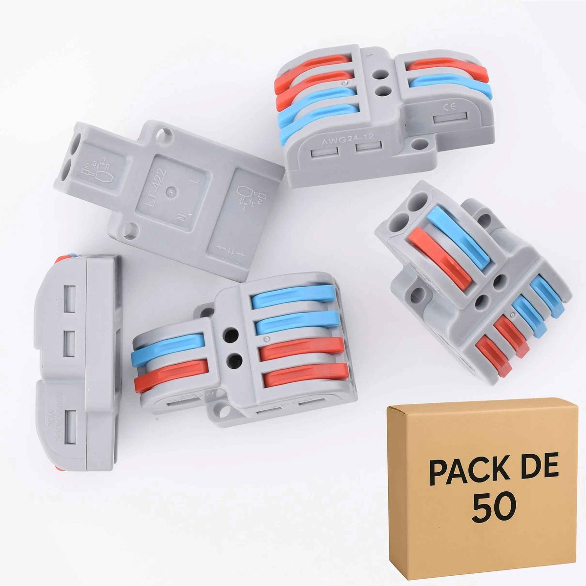 Lot de 50 bornes de connexion à levier LT-422 – domino automatique 2 entrées / 4 sorties – ELENCO