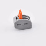 Connecteur PCT-212 type WAGO 222-412, 2 contacts, levier ouvert, vue latérale
