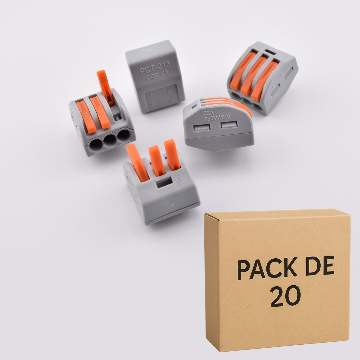 Borne à levier PCT-213 comparable à Wago 222-413, pour 3 fils souples ou r gides- pack 20