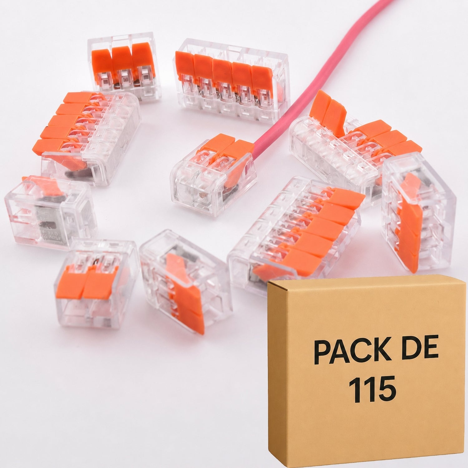 Alternative WAGO 221 – Pack Pro 115 bornes à levier transparentes – 2, 3 et 5 contacts – PCT-412 / 413 / 415 – 32A ELENCO