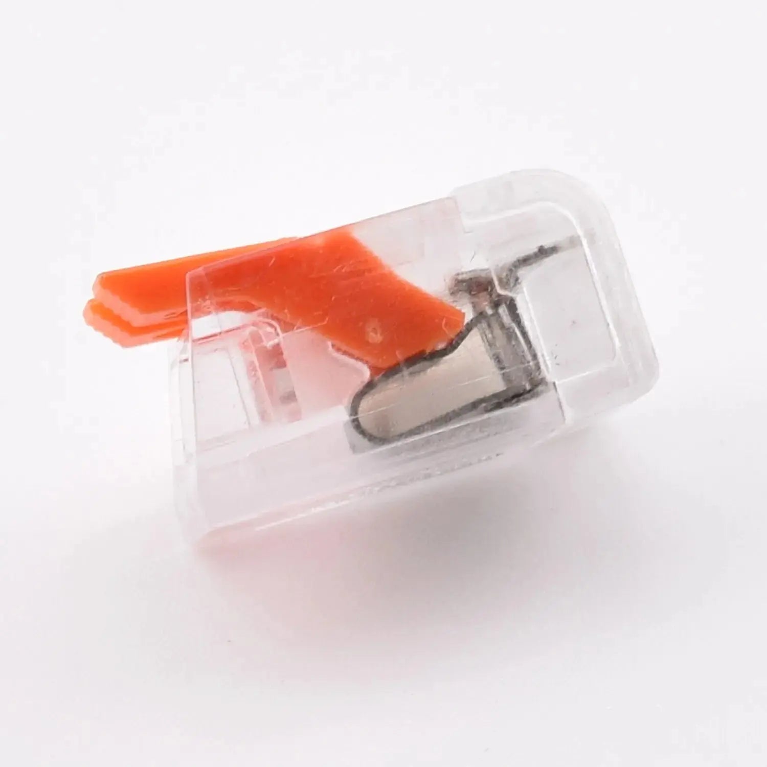 Borne électrique PCT-412 transparente – profil latéral – levier oranges fermés– 2 fils