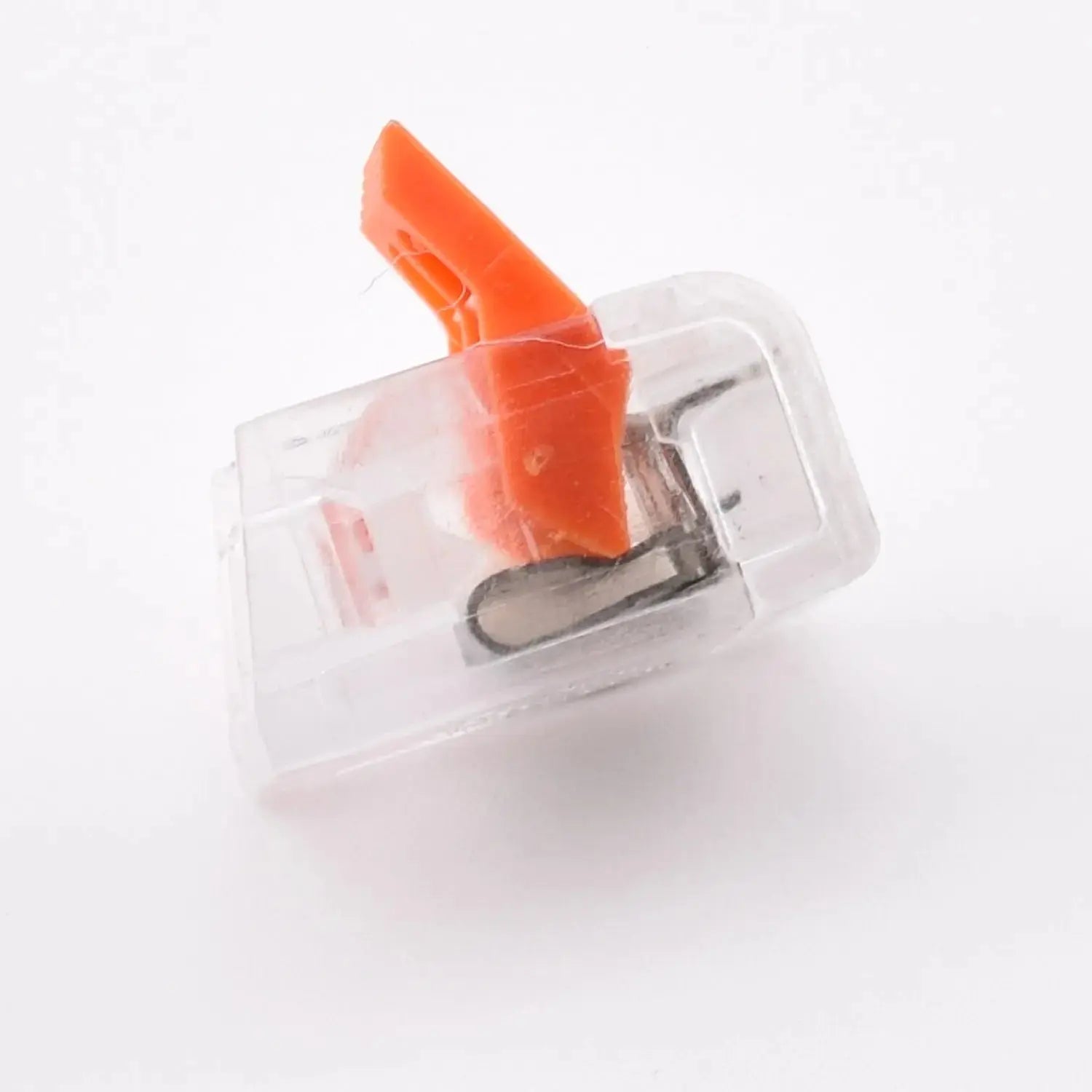 Borne électrique PCT-412 transparente – profil latéral – levier soranges  ouverts – 2 fils
