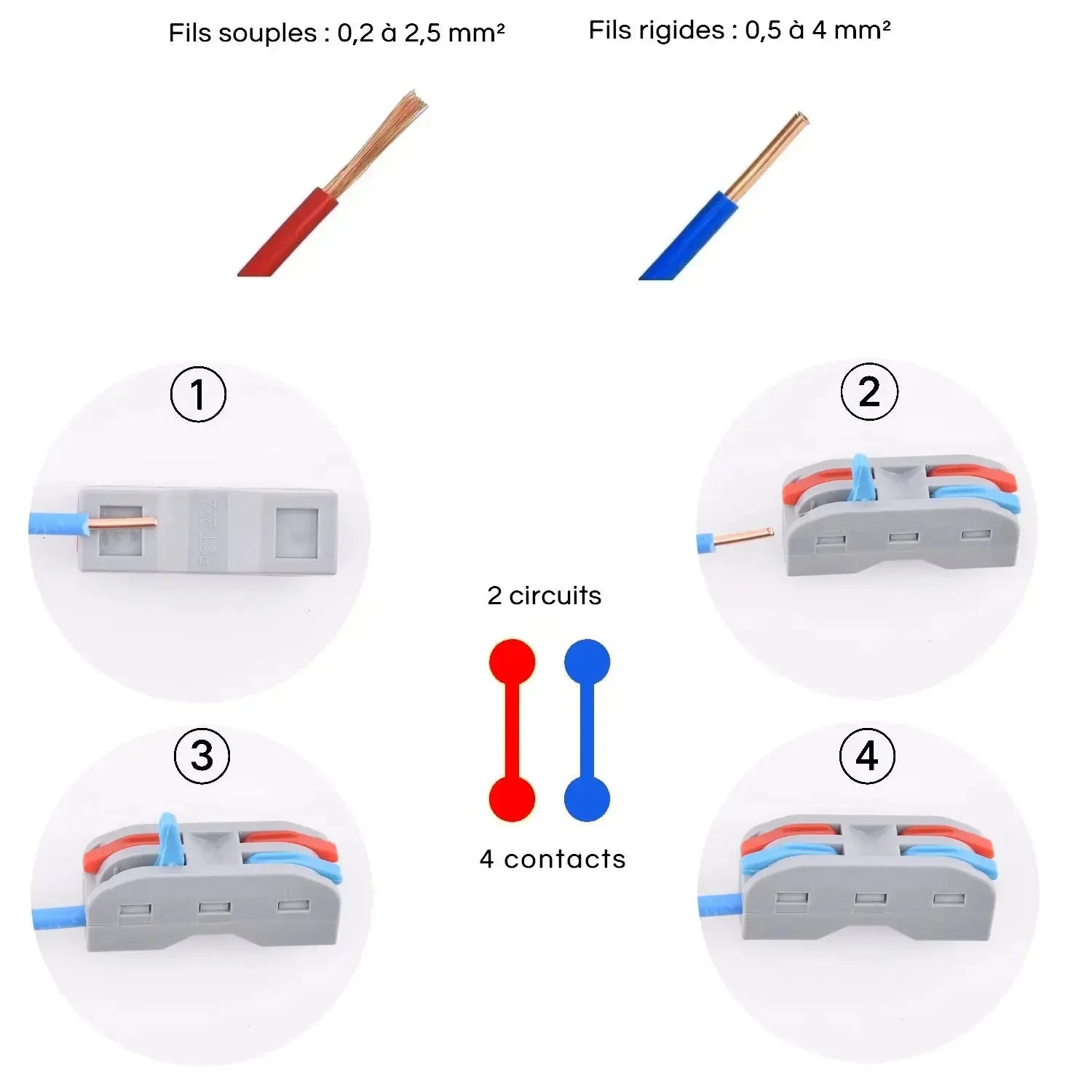 Cablage des  bornes a levier - 2 circuits-4 contacts - 32A - PCT-222