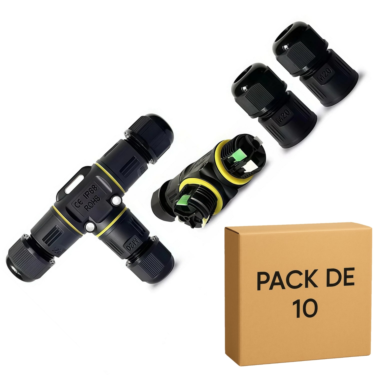 Lot de 10 connecteurs étanches IP68 en T, leviers intégrés - 3 circuits 16A - modèle P20-T