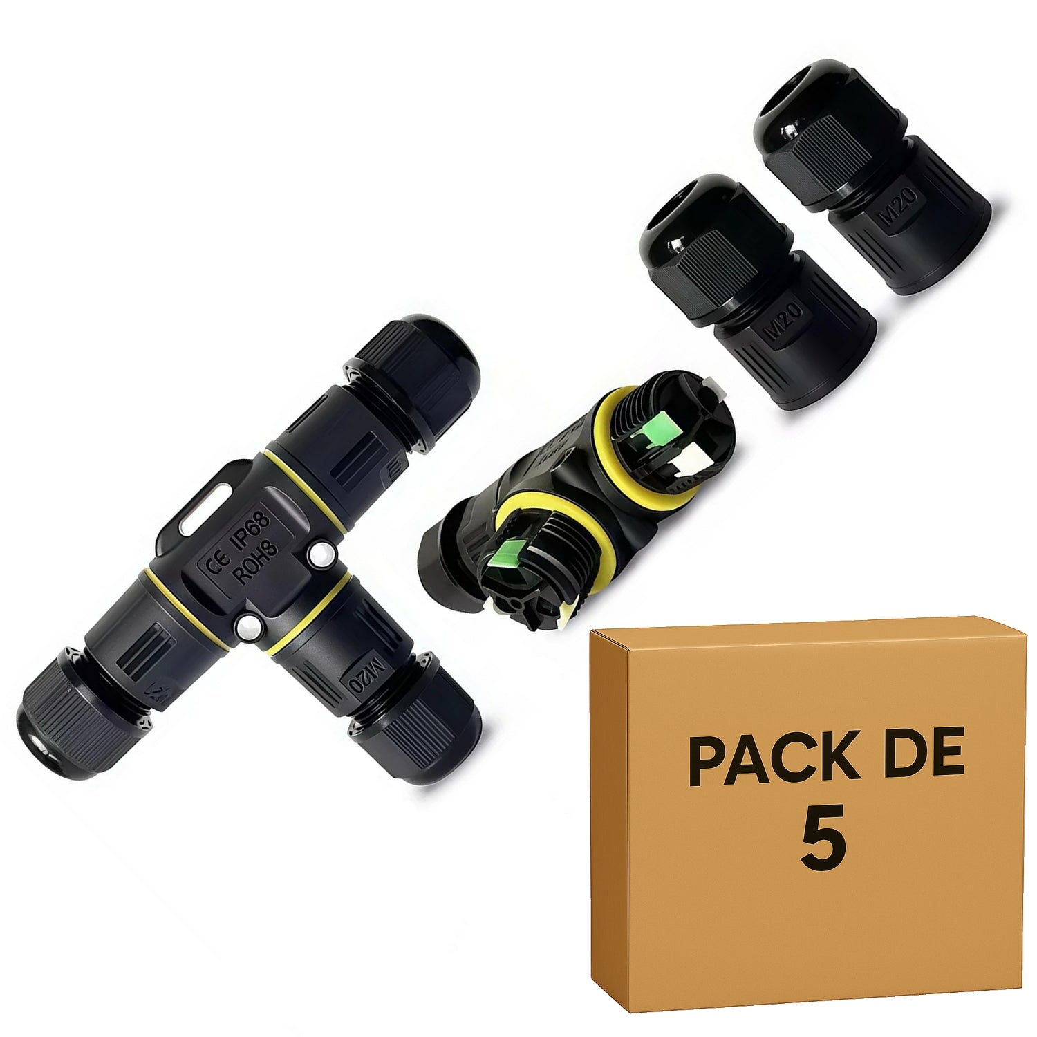 Lot de 5 connecteurs étanches IP68 en T, leviers intégrés - 3 circuits 16A - modèle P20-T